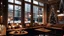 Placeholder: the inside of a luxury Cozy christmas cafe. there is a large window and outside you can see the street it is snowing. the inside of the cafe is christmas decorated. there is a table with desserts and hot chocolate