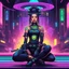 Placeholder: [psychedelic pixel illustration by Jannell Jaquays with Solstice colour palette] Neon Void (AcidHouse Space Opera) a Neo-cyberpunk asian warrior girl with barcode tattoo sits in front of the camera, weapons ready to engage, casino in the background