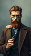 Placeholder: Van Gogh styles , a handsome gentleman with mask without a beard front view holding a flower and give it to you looking at you In foggy smoky background