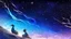 Placeholder: Draw a man sitting on the left side of the picture and a woman sitting on the right side, gazing at the starry sky, in the style of ancient Chinese Dunhuang painting, panoramic composition, 16:9