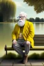 Placeholder: 1000-year-old old English man, wise face ,glasses, cynical look, yellow mustache, eyes expressing wisdom, white beard, wrinkled cheeks, precise details, pants with slacks, sitting on a bench in the garden, in the background of a lake with swans, outdoor shot, cinematic, UHD. 20K, 300 DPI