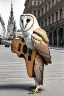 Placeholder: One single mature barn owl, playing guitar in the street , Vienna, friendly, sunny day, model style, hyper realistic, extremely accurate, delicate, extremely detailed, Graphic novel style, wide-angle, open aperture, superfine pencil