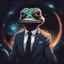 Placeholder: A godlike Pepe radiating with power! He's dressed in a suit and tie. The background is outer space.