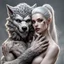 Placeholder: Teo the anthropomorphic strong gray hairy body wolfman holds between his paws the anthropomorphic pale hairy body wolfwoman's face , photo from face, neck and shoulders, blur background., high detalied, high realistic, sci-fi and fantasy mood