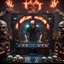 Placeholder: DJ of the damnded, insanely detailed DJ booth in hell, MID set, speakers and equipment made of bone, anatomically correct, add more skulls in th audience, photorealism, vray, 8k 3d