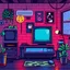 Placeholder: 8 bit pixelart of retro pc, synthwave, indoor