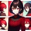 Placeholder: Clear focus, 8k, beautiful lighting, vibrant colors, girl, black hair, short hair, red eyes, red indigo-shaded hair, red butterflies, laughing, angry