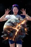 Placeholder: An image of a young Korean woman with a eyes closed expression happy, holding her hands up as if she is reacting to a catastrophic event in front of her. Film, cinematic, realistic, extreme depth of field, She is wearing a white blouse with detail, blue shorts, and sunglasses pushed up onto her head. In front of her, there is a highly detailed planet resembling Earth, dramatically cracking and breaking apart with fiery explosions and molten lava visible at the fractures.
