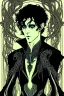 Placeholder: black haired young man necromancer wizard with gothic jewelry and tentacle fingers in the style of Harry Clarke