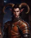 Placeholder: tiefling male, dark hair side parted, 18 year old, wearing detailed slick brown leather armor, slim figure, tail, side view, goat horn at the head, looking at camera, realism, painting, night