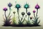 Placeholder: Isolated concept art of 5 alien plants on a grass neutral background. Strange fictional extraterrestrial flora with unusual shapes, glowing details, thorns, spines, tendrils, roots, and exotic flowers. Each plant designed with unique silhouette and fantasy colors, digital painting style, detailed textures, science fiction botanical illustration, no background, no landscape.