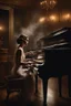 Placeholder: A woman playing a piano in a smoky bar from the 1930s, capturing the essence of the era with exquisite detail. The scene is filled with a nostalgic, moody atmosphere. The pianist is elegantly dressed in period-appropriate attire, her fingers gracefully dancing across the keys of a grand piano. The lighting is dim and sultry, casting soft shadows across the room, highlighting the swirls of smoke and the reflective surface of the piano. The bar is adorned with Art Deco elements, with patrons in vi