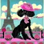 Placeholder: Vintage drawn illustration of a black and pink poodle with roses wearing a beret and smoking a cigarette on the rooftop of the Louvre, french illustration, Camilla d' Erica, storybook illustration, aubrey Beardsely, art deco motifs, highly detailed, color pencils, soft, vogue, french cartoon, editorial drawing,