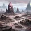 Placeholder: A grayish pink magical wasteland with rune rocks painted by Guo Xi