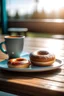 Placeholder: A large cup of take away coffee and tasty doughnuts on a plate stand on a table, a bright morning background, outdoor