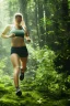 Placeholder: woman in forest, mid shot, running away from, slipped, wet,