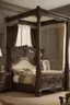 Placeholder: Beautiful ornate four post canopy bed in a dark colored bedroom, victorian