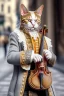 Placeholder: Mature cats dressed like "Wolfgang Amadeus Mozart", paws, playing violin, street, Vienna, friendly, sunny day, model style, hyper realistic, extremely accurate, delicate, extremely detailed, Graphic novel style, wide-angle, open aperture, superfine pencil