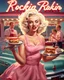 Placeholder: A hyper-realistic digital painting in an ultra-wide 2.39:1 cinematic aspect ratio depicts "Rockin’ Bites Drive-In" during golden hour, showcasing Marilyn Monroe as the central figure. She is a radiant blonde with perfect platinum curls and vibrant red lipstick, clad in a crisp pink waitress uniform and a frilly apron, gracefully balancing a tray loaded with classic burgers and creamy milkshakes. Elvis Presley, in a pristine diner cook outfit, stands confidently behind the grill, flipping burgers