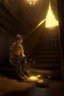 Placeholder: angry cleaner lady, fireflies , staircase hall, 4 k, down light, depth of field, trending on art station, high detail, cracked ground