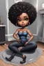 Placeholder: Create a furturism magna art of a black chibi curvy female sitting on the floor looking at herself in a hand mirror. She is wearing tight blue jeans and a black off the shoulder blouse. Prominent make up with lush lashes. Highly detailed tight curly afro. She is also wearing silver large hoop earringsart of a black chibi curvy female sitting on the floor looking at her cell phone. She is wearing tight blue jeans and a black off the shoulder blouse. Prominent make up with lush lashes.