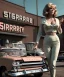 Placeholder: Ultra Realistic retro sci-fi movie Supermarket parking scene, 1960 year, waist up view portrait, a super giant blonde woman, sweet teenager Jane Fonda face, perfect iris, glow eyes, face makeup, tight latex coat, many people, Retro sci-fi style, soft color, highly detailed, unreal engine 5, ray tracing, RTX, lumen lighting, ultra detail, volumetric lighting, 3d, finely drawn, high definition, high resolution.