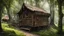 Placeholder: Medieval gothic Two-story, wooden gipsy caravan on a pathway in dense woodland