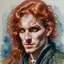 Placeholder: dnd, fantasy, watercolour, portrait, illustration in style of alfons mucha, male, face, green eyes, determined, happy, red hair, very long hair, radiating light, five o'clock shadow