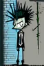 Placeholder: 2d drawing of a stickman, cool with punk hair, x eyes like in hangman, smart suit, leaning against a wall,3d realistic in colour