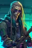 Placeholder: male cyberpunk solo with long hair tail, Norwegian, Wearing Leisureware and mirrored sunglasses, armed with sniper rifle, lean, nice, Anime Style, Retroanime, Video Game Character