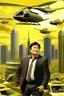 Placeholder: Robert Kiyosaki standing on golden skyskraper helicopters dropping money city burning in background STYLE OF HIROKU OGAI