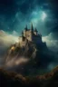 Placeholder: The castle in a mountain in another dimension surrounded with stars and galaxies and clouds and fogs, Busch painting nightmare style , 3D , scary, magical, mysterious