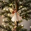 Placeholder: paper fairy in snowflake dress on Christmas tree branch, new year, tree, confetti, lights, cream tones, light picture