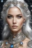 Placeholder: Half body photography ultra realistic portrait natural beauty of young woman, beautiful, shiny hard eyes, make up, shiny baubles, ornate, large gemstones, shiny molten metalics, shiny wire filigree, silver hair, high definition, high res,establishing shot