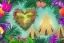 Placeholder:  Tropical flowers, heart drawing, crystals, tropical leaves, sacred altar, Fantasy temple, Surreal landscape.