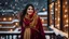 Placeholder: Hyper Realistic Photographic View Of A Gorgeous Pashto Young Woman (Wearing Long Golden Coat With Maroon Dress With Golden Embroidery & Wearing Maroon Scarf) Alone Happily Standing & Giving a Bold Smile With Dimples On Her Cheeks In Her (Black Walled) On Her Fancy Balcony Decorated With Fairy Lights With Her Beautiful Long Black Hair With Heavy Snowfall View From A Fancy Window At Her Back, At Dark Night Showing Dramatic & Cinematic Ambiance.