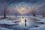 Placeholder: Gems, little puddle, space, person, ice, winter, flying birds, fantasy, otto pippel impressionism painting