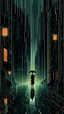 Placeholder: An atmospheric, noir-style illustration of a rainy cityscape at night, featuring glowing streetlights reflecting off the wet pavement, towering Art Deco skyscrapers, and a mysterious figure holding an umbrella, evoking a sense of intrigue and timelessness.thin line draw