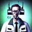 Placeholder: mad scientist with staring eyes, overgrown cell tower