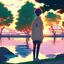 Placeholder: In the anime, a young male character is near the green lake in the sunset afternoon.