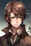 Placeholder: Fantasy world, manga Boy with brown hair, dressed elegant as hunter, with a sharp face and a light smirk on the lips