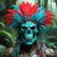 Placeholder: Brain, zombie, skull and the likes: 3D anaglyph red-cyan glasses required to watch a terrible alien Predator dressed in coloured feathers in the jungle