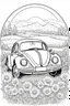 Placeholder: outline art for an adults coloring page, Volkswagen Beetle parked in a flower-filled meadow. Capture the Beetle's iconic rounded shape, daisy hubcaps, and the nostalgic vibe of the '70s. Add a clear sky and rolling hills for a peaceful setting , white background,detailed sketch style,no color , only use outline, clean art , white background, no shadows and clear well outlined,