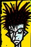 Placeholder: 2d portrait drawing of a stickman, cool with punk hair, x eyes like hangman, close-up, in colour