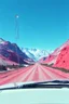 Placeholder: surreal red plastic mountain road seen through a dirty truck front window, dirty blue snow and wind, autochrome