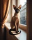 Placeholder: sleek Oriental Shorthair Siamese with rich chocolate point markings, its slender body poised elegantly on the narrow windowsill of an old, ornate apartment. The late afternoon sun casts golden streaks through the slightly parted curtains, illuminating the cat's almond-shaped, sapphire-blue eyes as it gazes intently at the bustling street below. Its large, bat-like ears twitch at distant sounds, while the delicate curve of its whip-like tail drapes over the edge of the sill. The window frame, wea