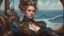 Placeholder: a portrait (1woman, russian) in (steampunk) style clothes, (sitting:1.1), (medium full shot), oil painting, beautiful colors, body art, trending on artstation, sharp focus, studio shot, intricate detail, highly detailed, (ocean) in the background, by WLOP, by Greg Rutkowski