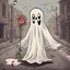 Placeholder: Vintage sheet Ghost animation, rubberhose drawing style, cute ghost with a rose alone on a street, cartoon art, hand drawn, cute horror, overexaggerated