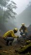 Placeholder: African workers in a cave digging for gold in cloudy fog forest
