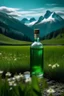 Placeholder: liquor green in a bottle in a field with flowers, mountains with snow and waterfall on the background